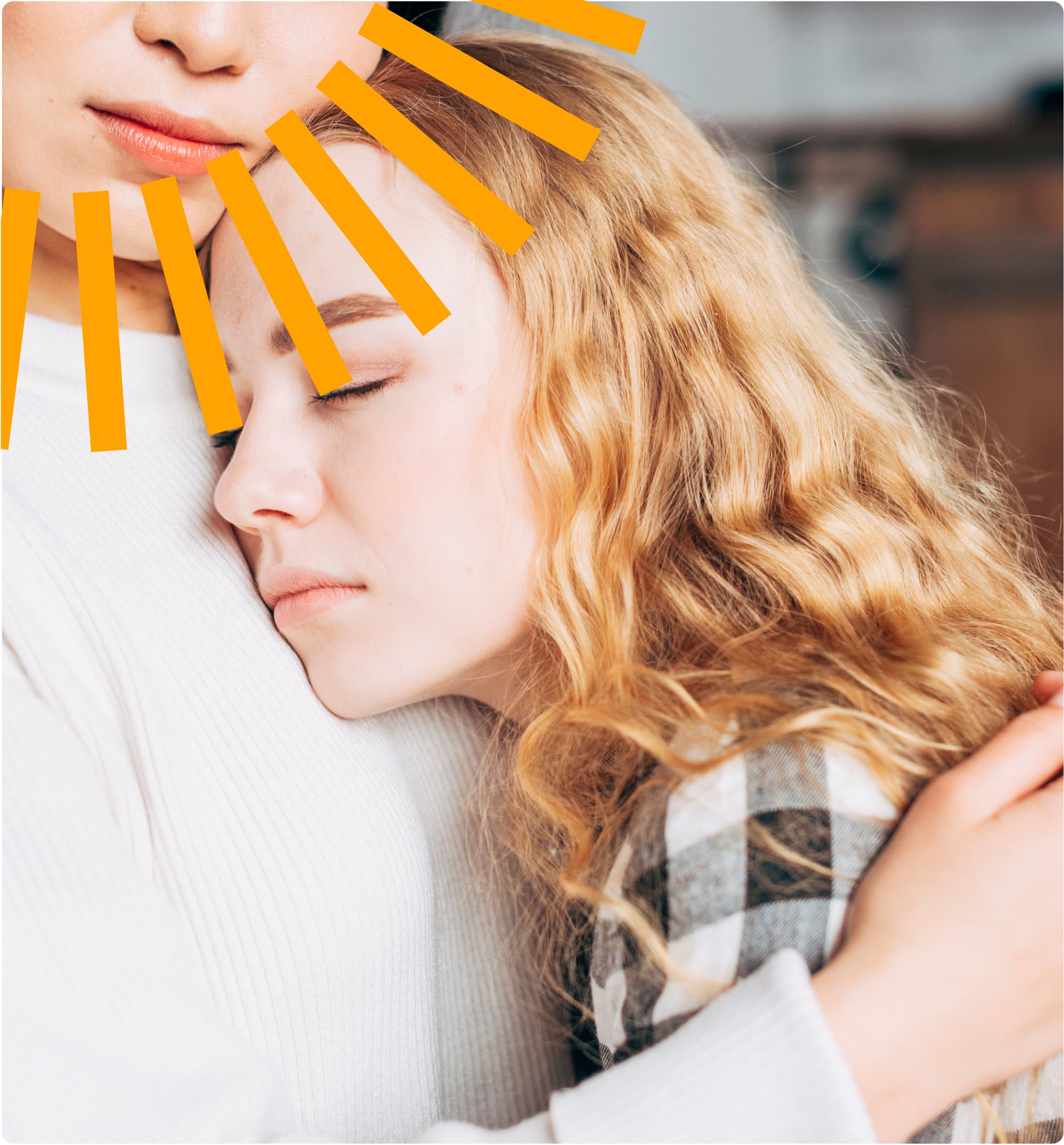 Artistic portrait featuring wavy blonde hair and peaceful closed eyes, with decorative orange stripes overlaid across the face. Subject wears a white sweater and plaid pattern, creating a serene and contemporary aesthetic