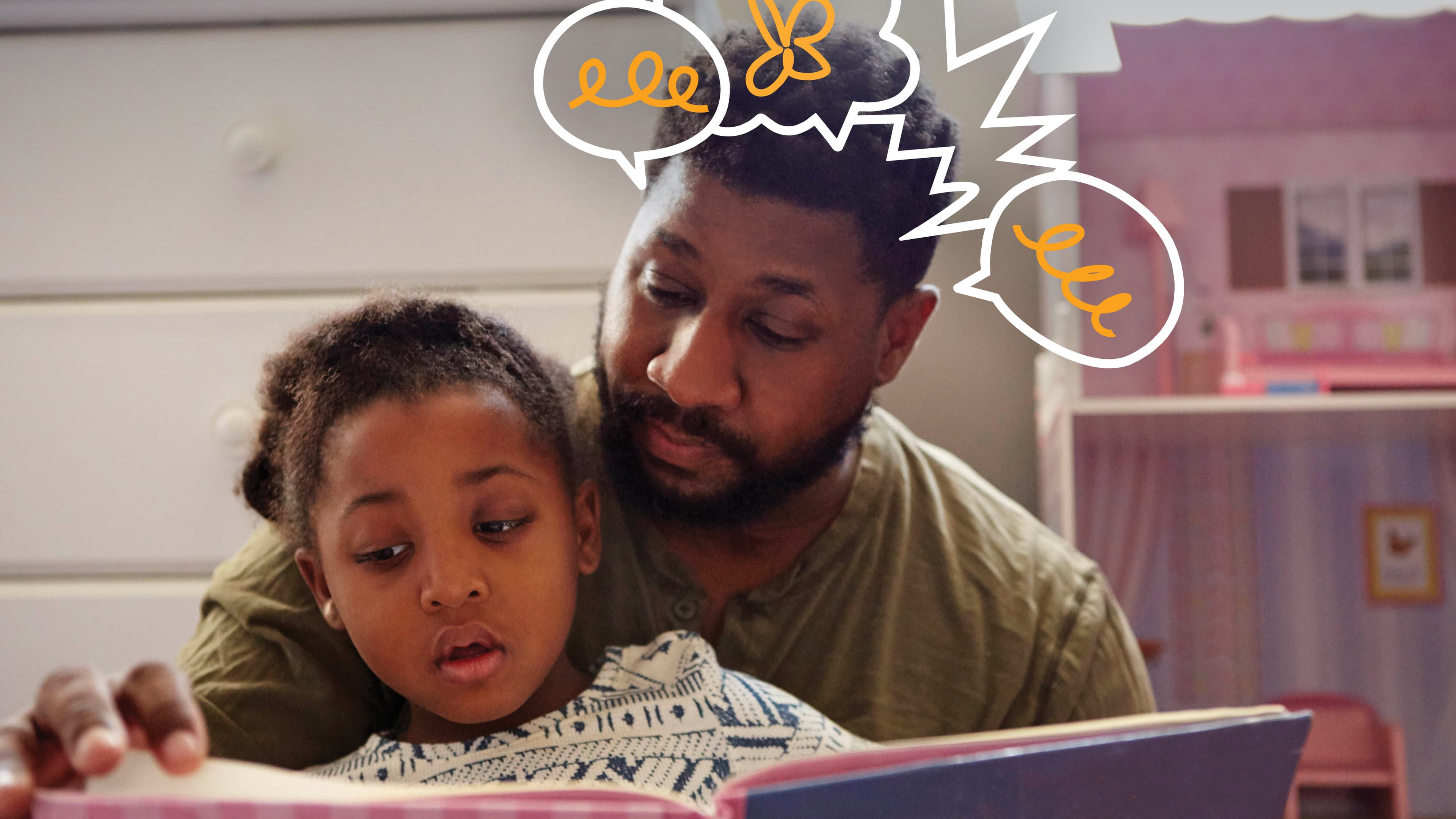 A father sits with his young daughter as they read a book together, with Brightline illustrated speech bubbles representing open communication and the support families receive.